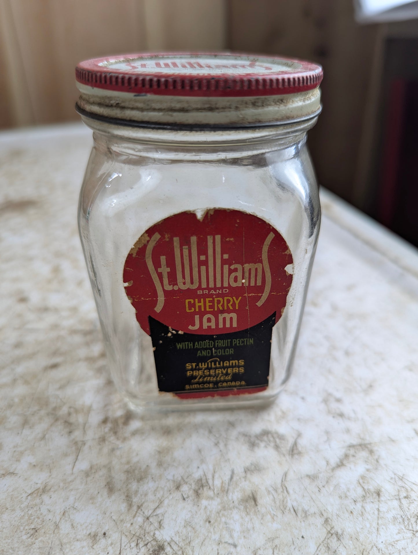 Vintage St. Williams Cherry Jam 9oz Simcoe Glass Jar with Lid and Label