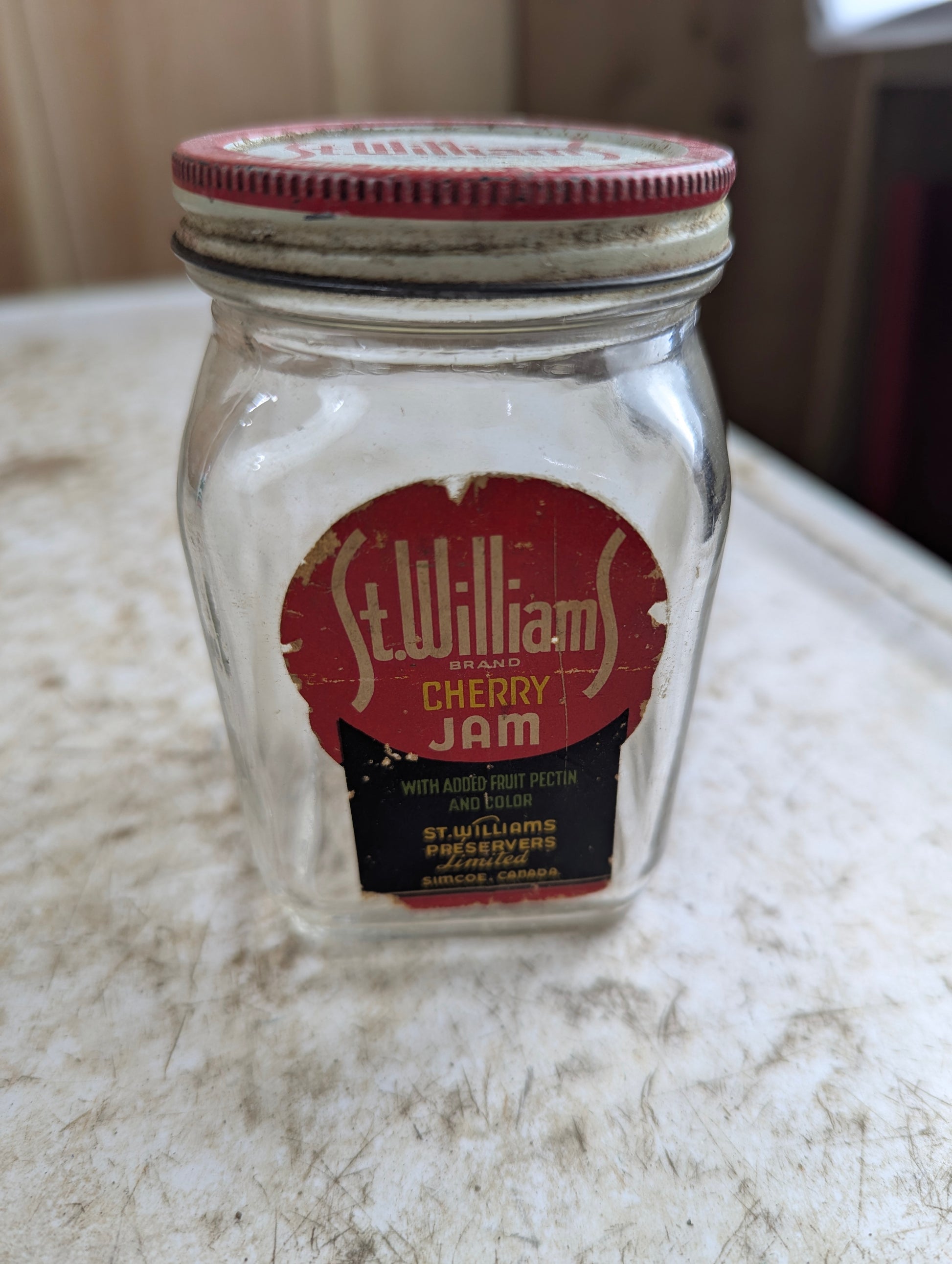 Vintage St. Williams Cherry Jam 9oz Simcoe Glass Jar with Lid and Label