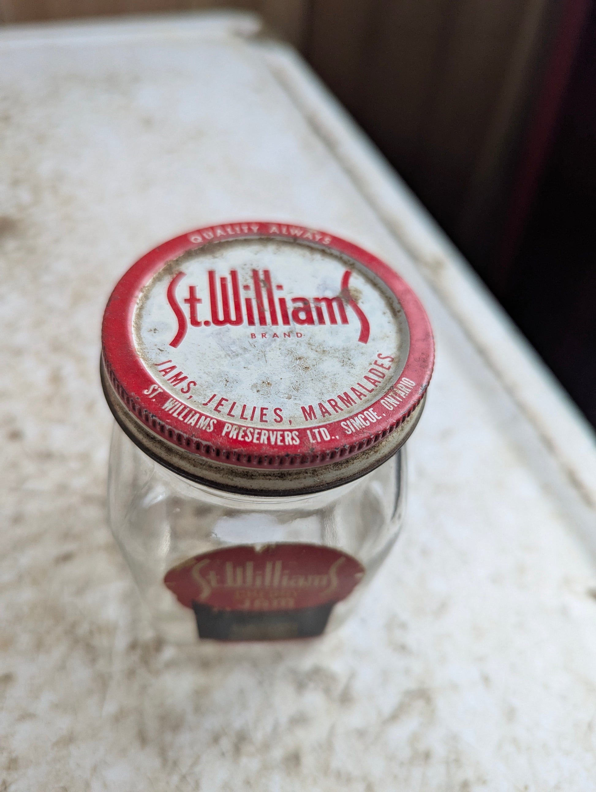 Vintage St. Williams Cherry Jam 9oz Simcoe Glass Jar with Lid and Label