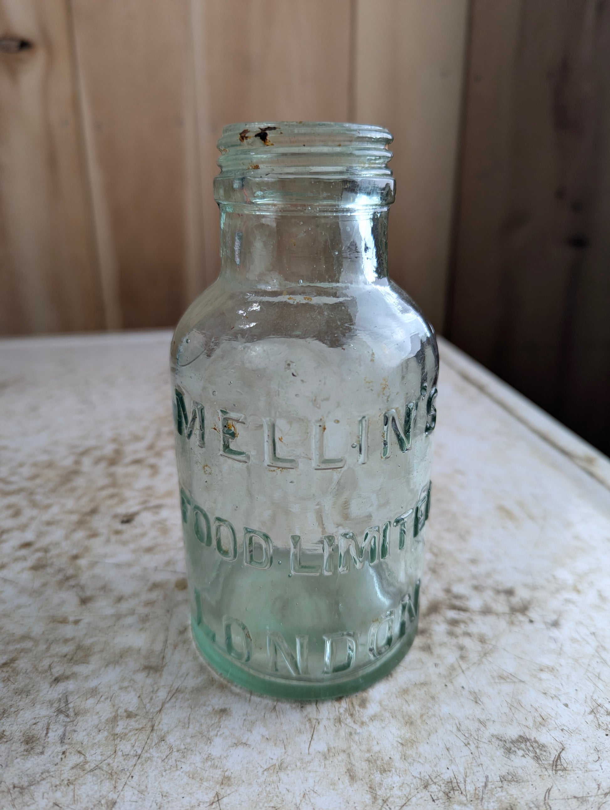 1910s Mellin's Food Limited London Infant Food Embossed Aqua Glass Bottle