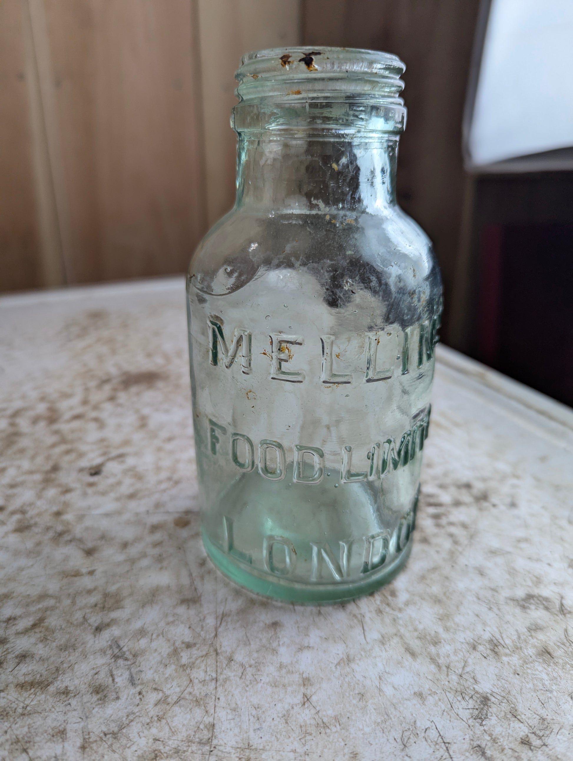 1910s Mellin's Food Limited London Infant Food Embossed Aqua Glass Bottle