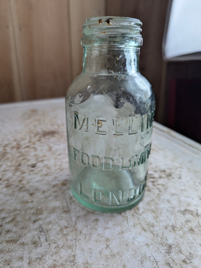 1910s Mellin's Food Limited London Infant Food Embossed Aqua Glass Bottle