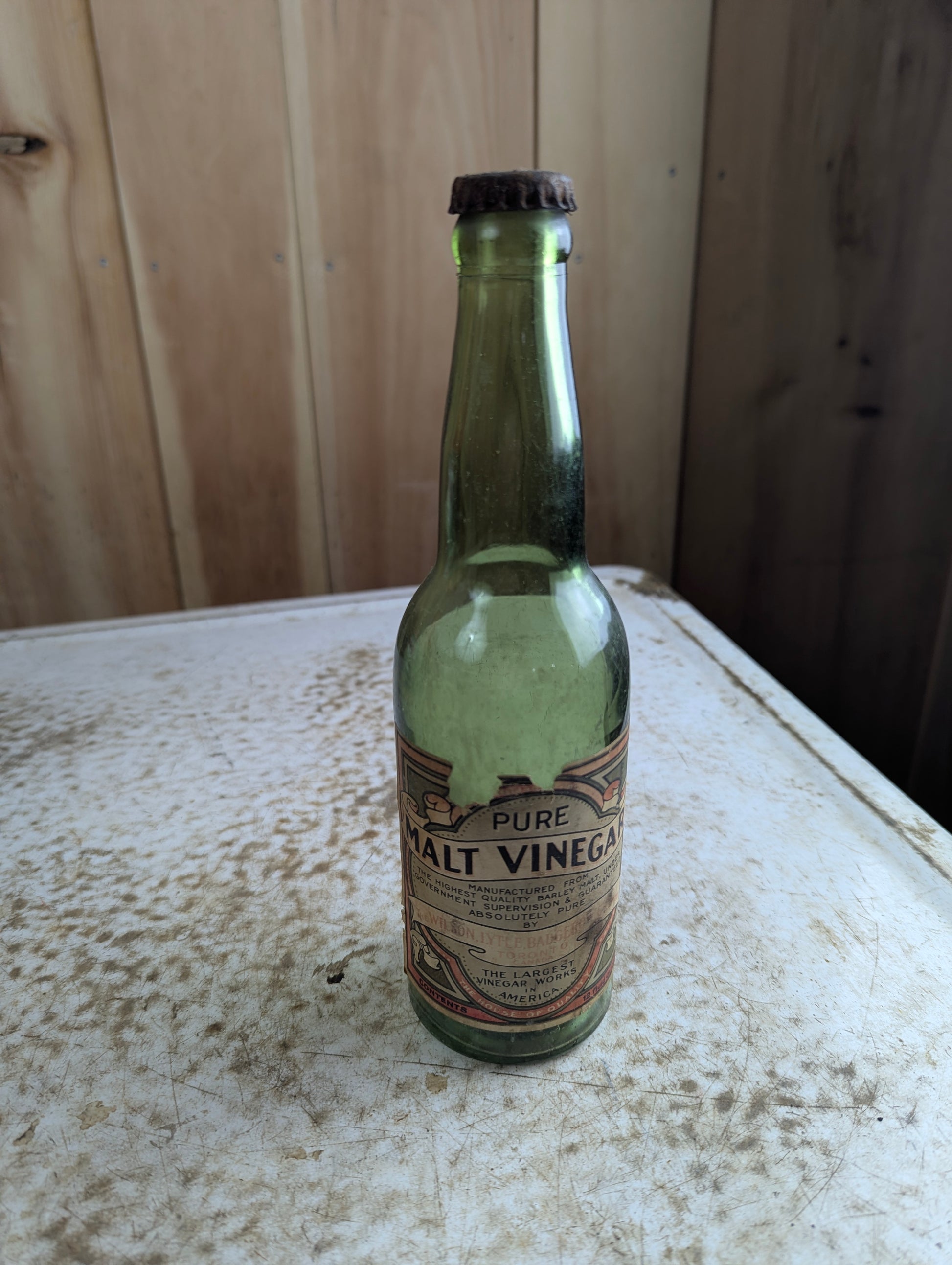 1920s Green Glass Pure Malt Vinegar Bottle with Original Label and Cap