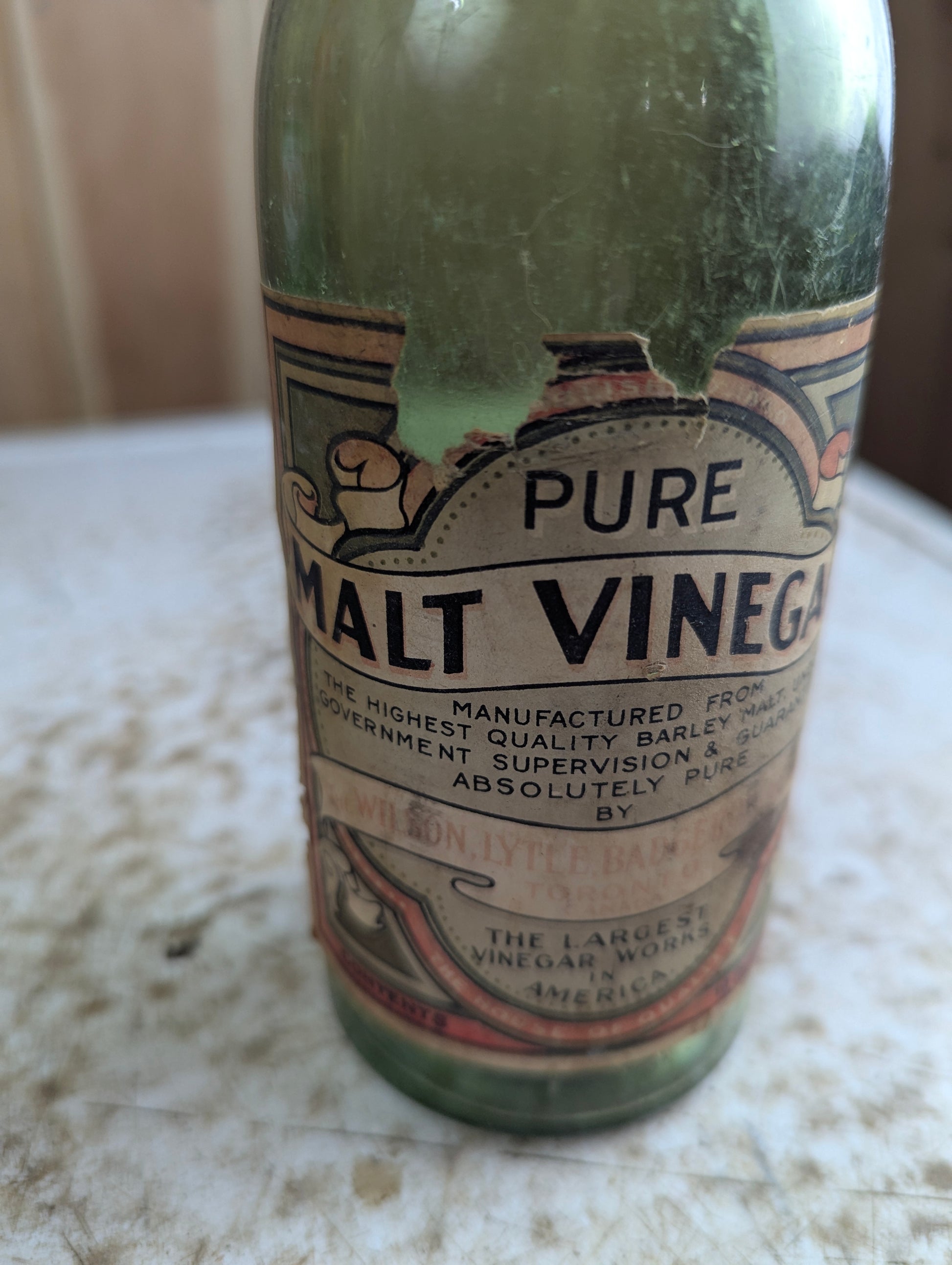 1920s Green Glass Pure Malt Vinegar Bottle with Original Label and Cap