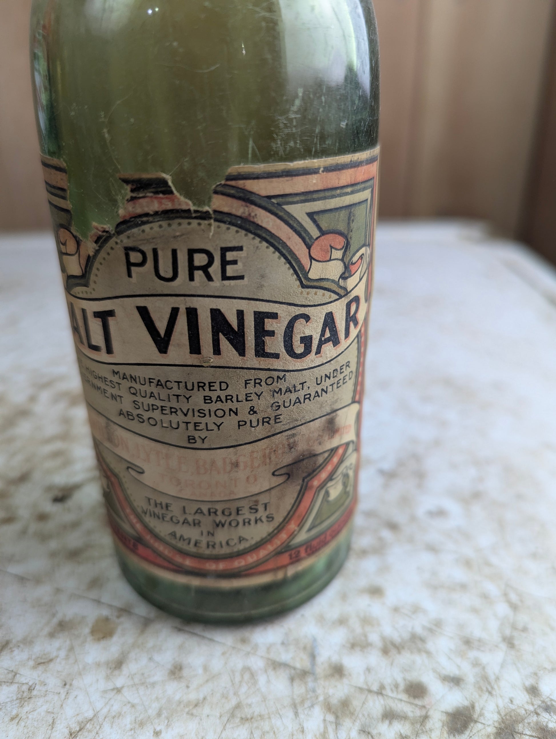 1920s Green Glass Pure Malt Vinegar Bottle with Original Label and Cap