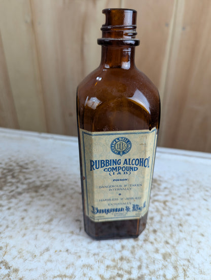 Vintage Ingram and Bell Rubbing Alcohol 16oz Amber Glass Medicine Bottle with Original Label