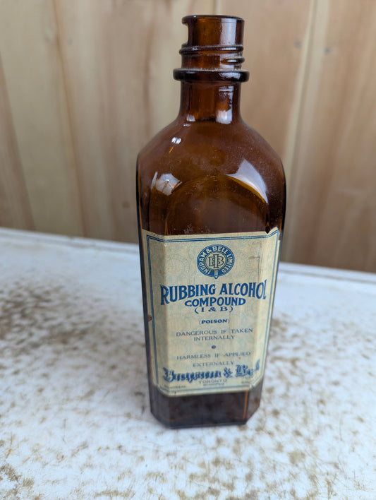 Vintage Ingram and Bell Rubbing Alcohol 16oz Amber Glass Medicine Bottle with Original Label