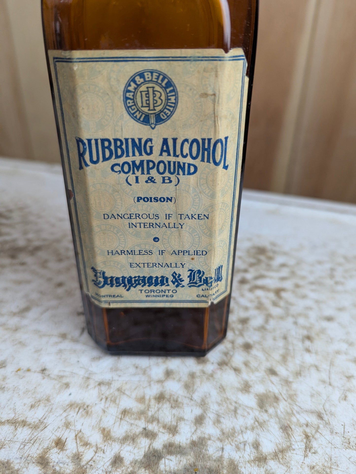 Vintage Ingram and Bell Rubbing Alcohol 16oz Amber Glass Medicine Bottle with Original Label