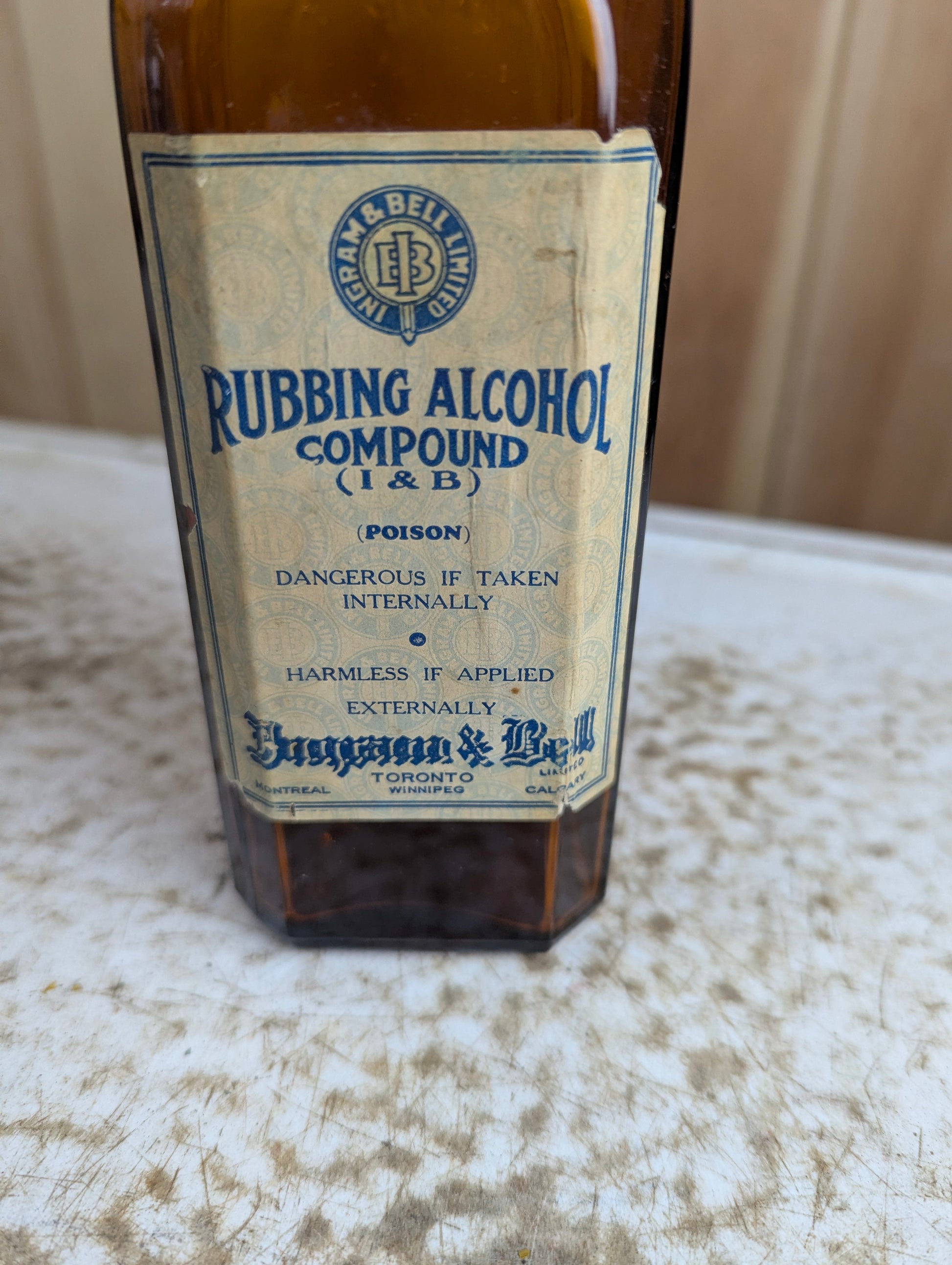 Vintage Ingram and Bell Rubbing Alcohol 16oz Amber Glass Medicine Bottle with Original Label