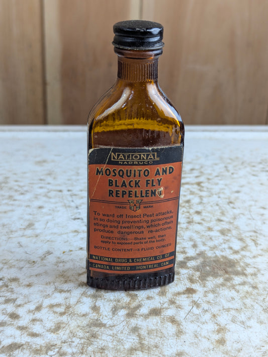 Vintage National Druco Mosquito and Black Fly Repellent Amber Glass Bottle with Label and Cap