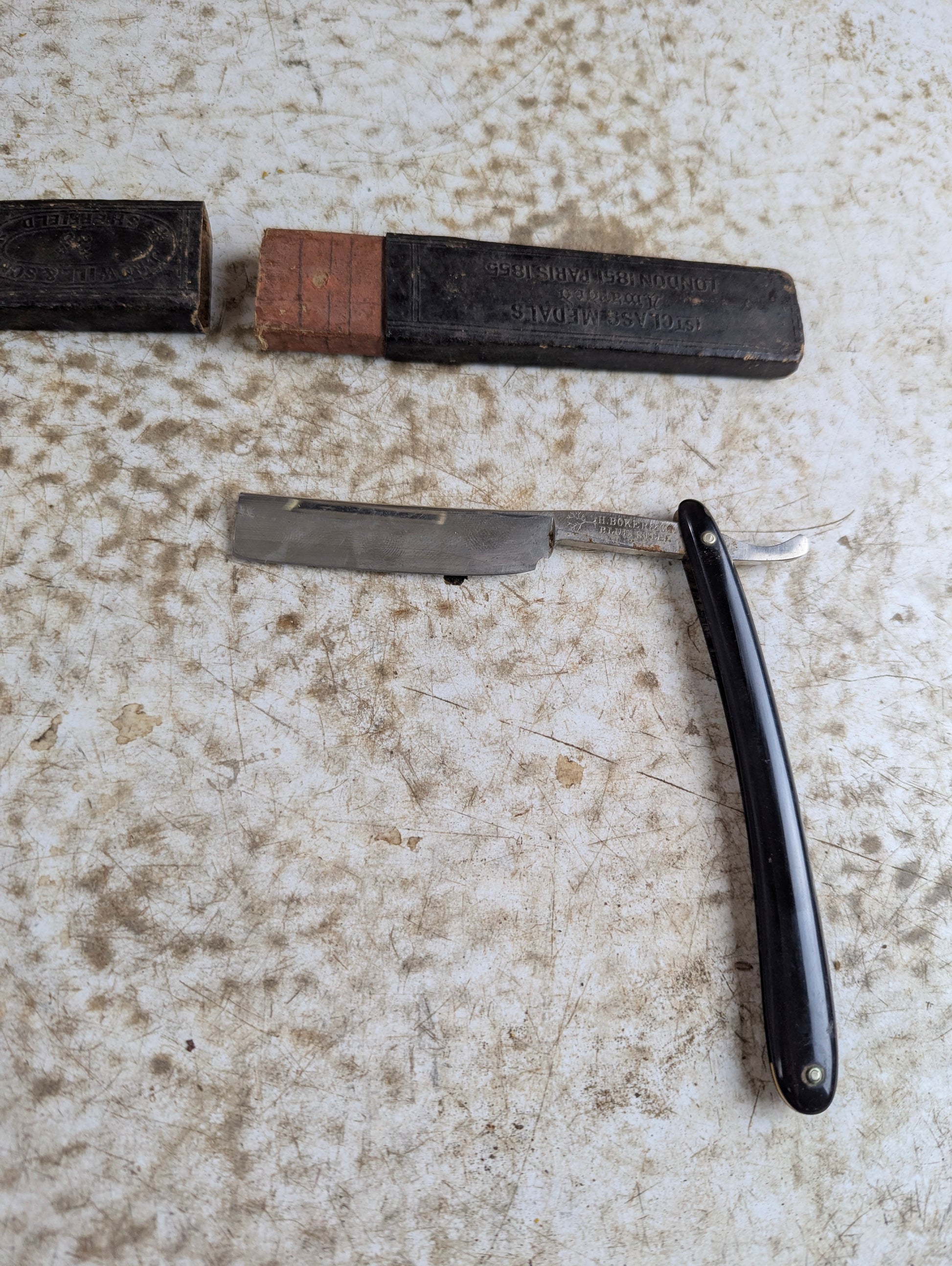 Vintage H. Boker & Co. Blue Steel Straight Razor with Black Handle