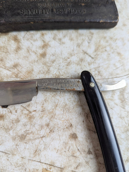 Vintage H. Boker & Co. Blue Steel Straight Razor with Black Handle
