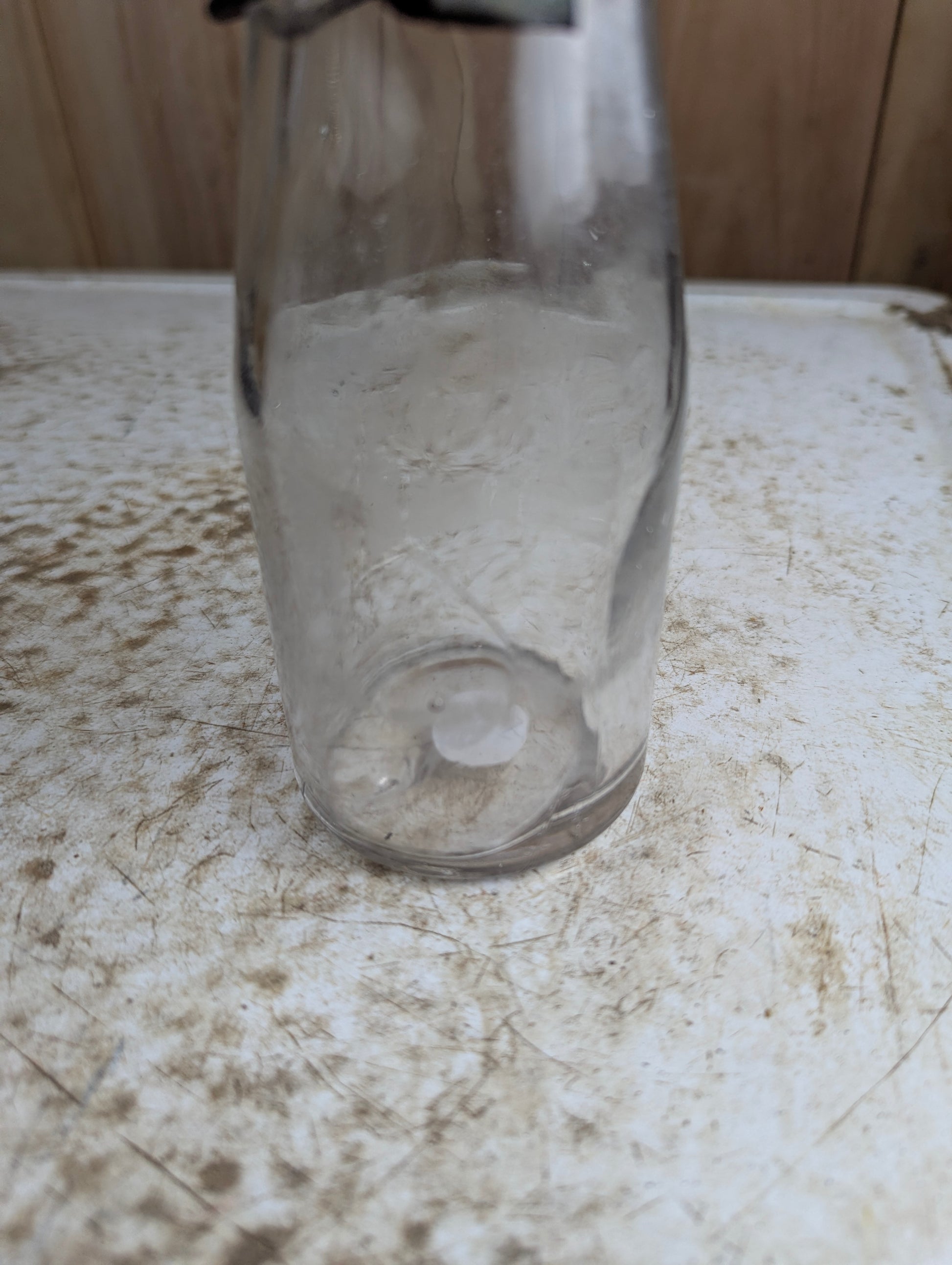 1910s Half Pint Manganese Glass Milk Bottle with Wire Bail Tin Lid