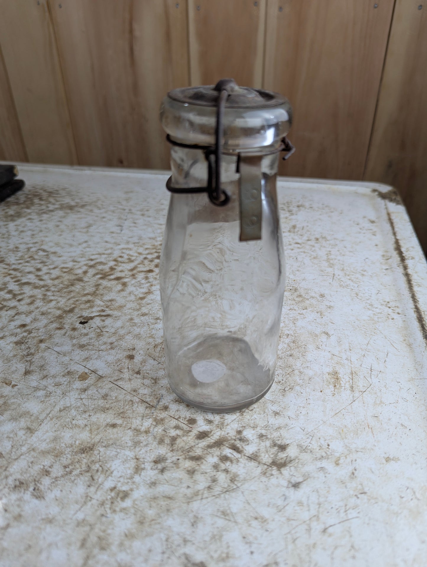 1910s Half Pint Manganese Glass Milk Bottle with Wire Bail Tin Lid