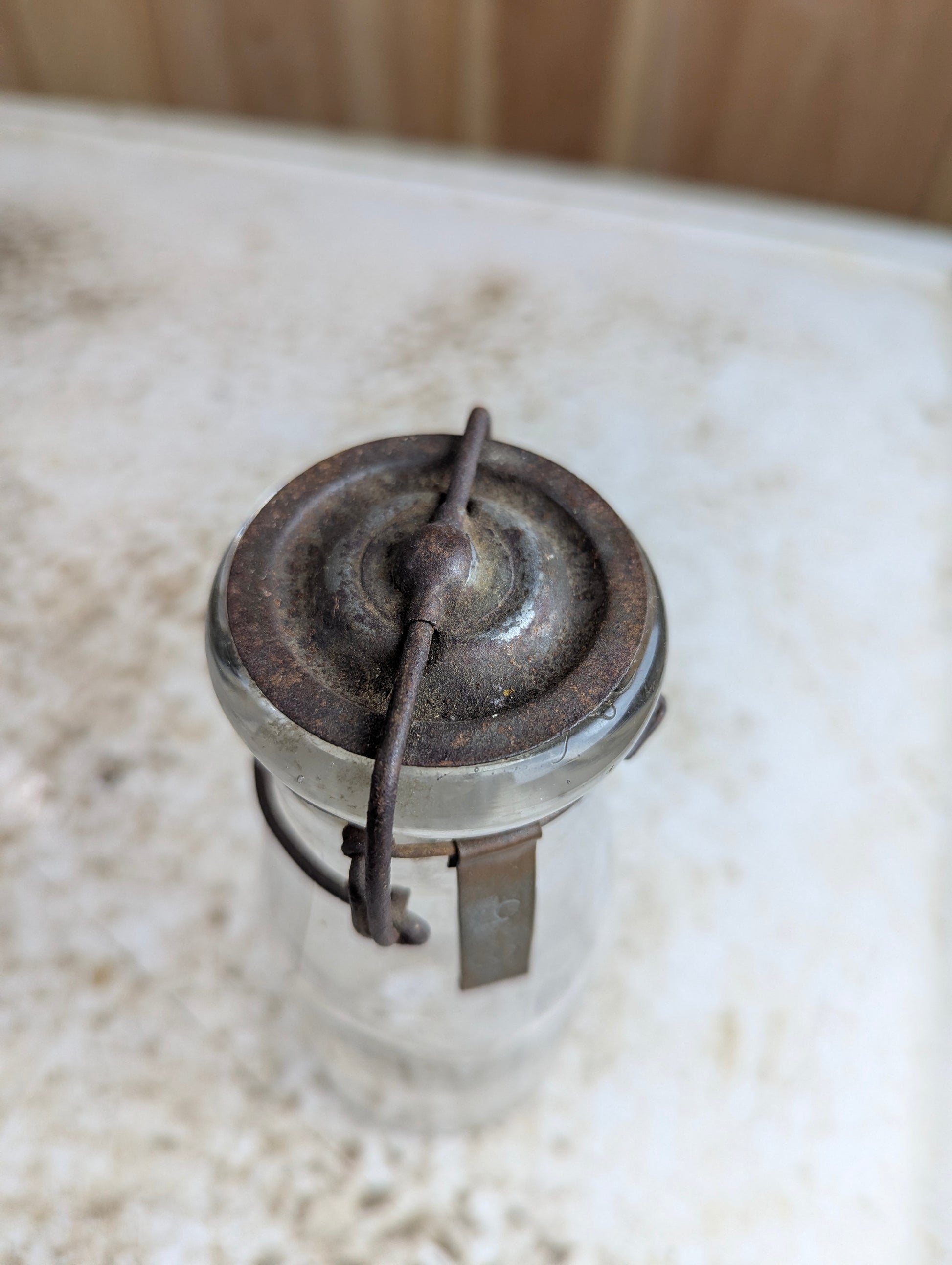 1910s Half Pint Manganese Glass Milk Bottle with Wire Bail Tin Lid