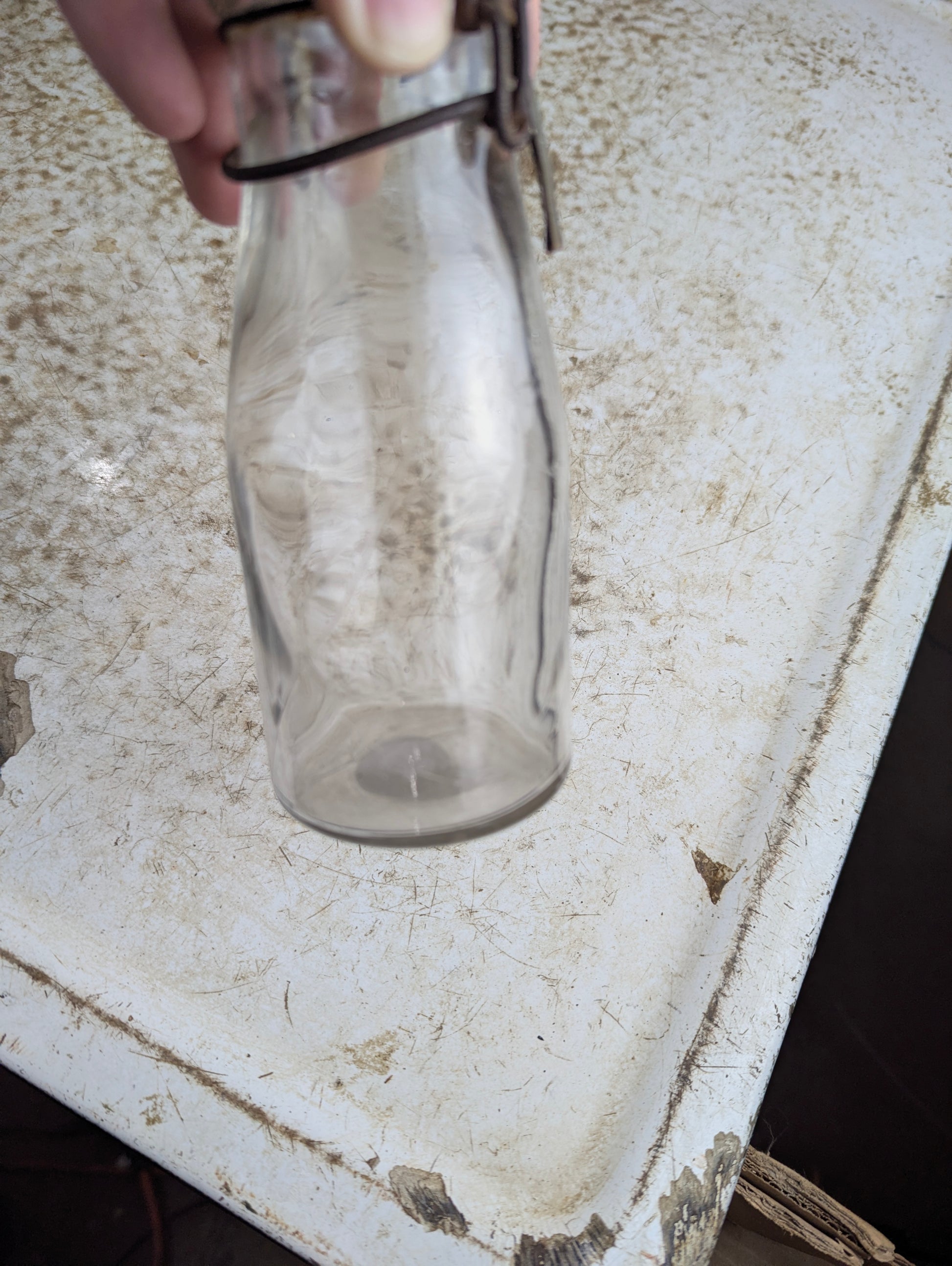 1910s Half Pint Manganese Glass Milk Bottle with Wire Bail Tin Lid