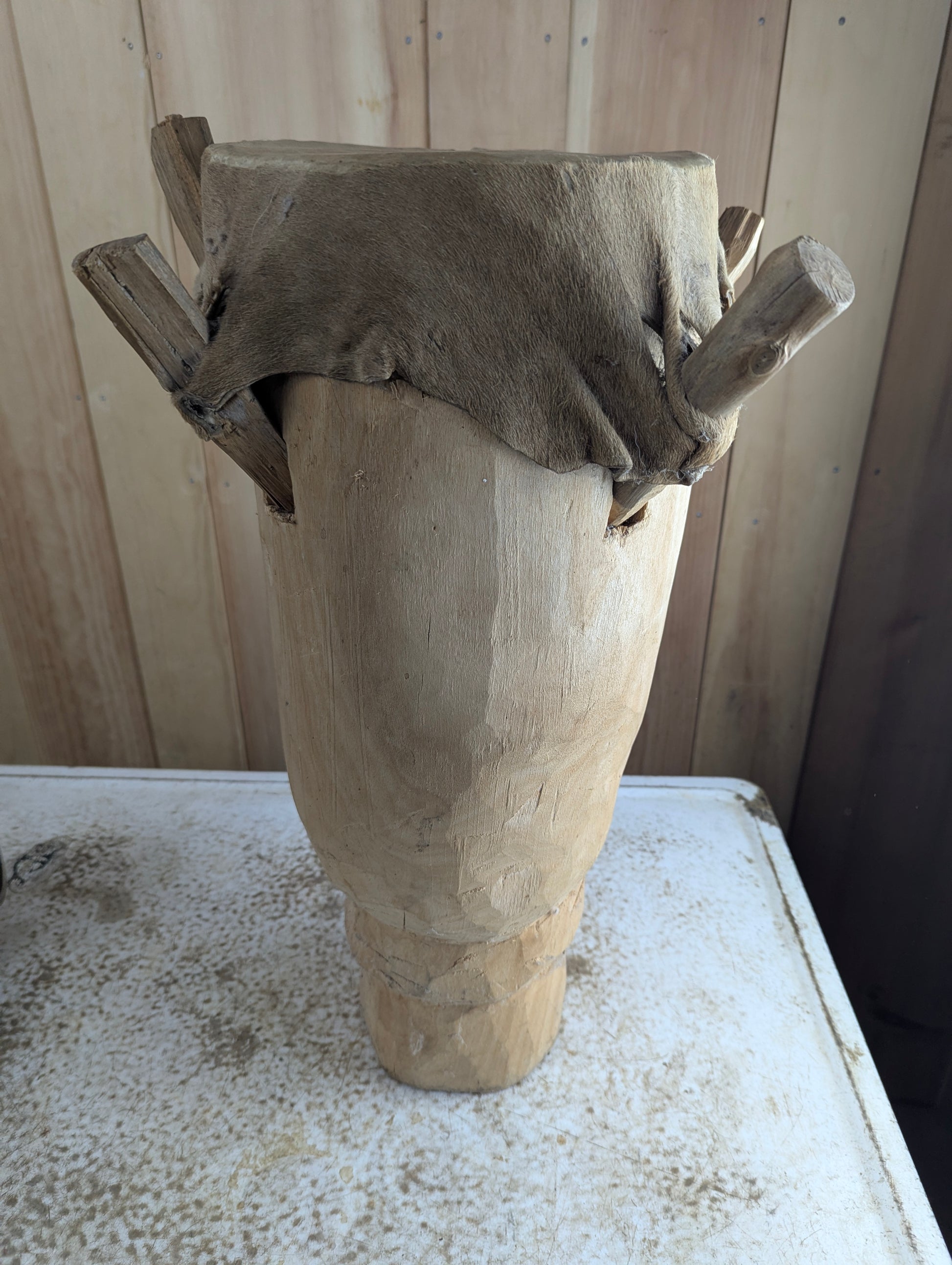 Vintage Hand-carved Wooden Stretched Hide African Peg Drum - Damaged