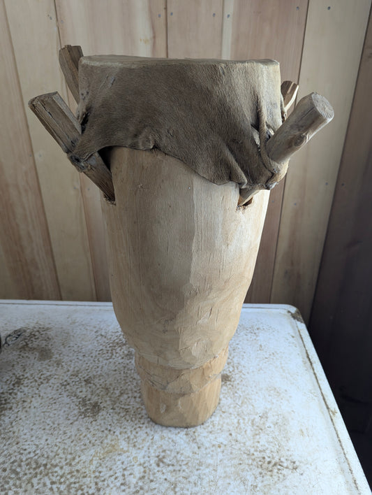 Vintage Hand-carved Wooden Stretched Hide African Peg Drum - Damaged