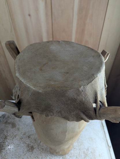 Vintage Hand-carved Wooden Stretched Hide African Peg Drum - Damaged