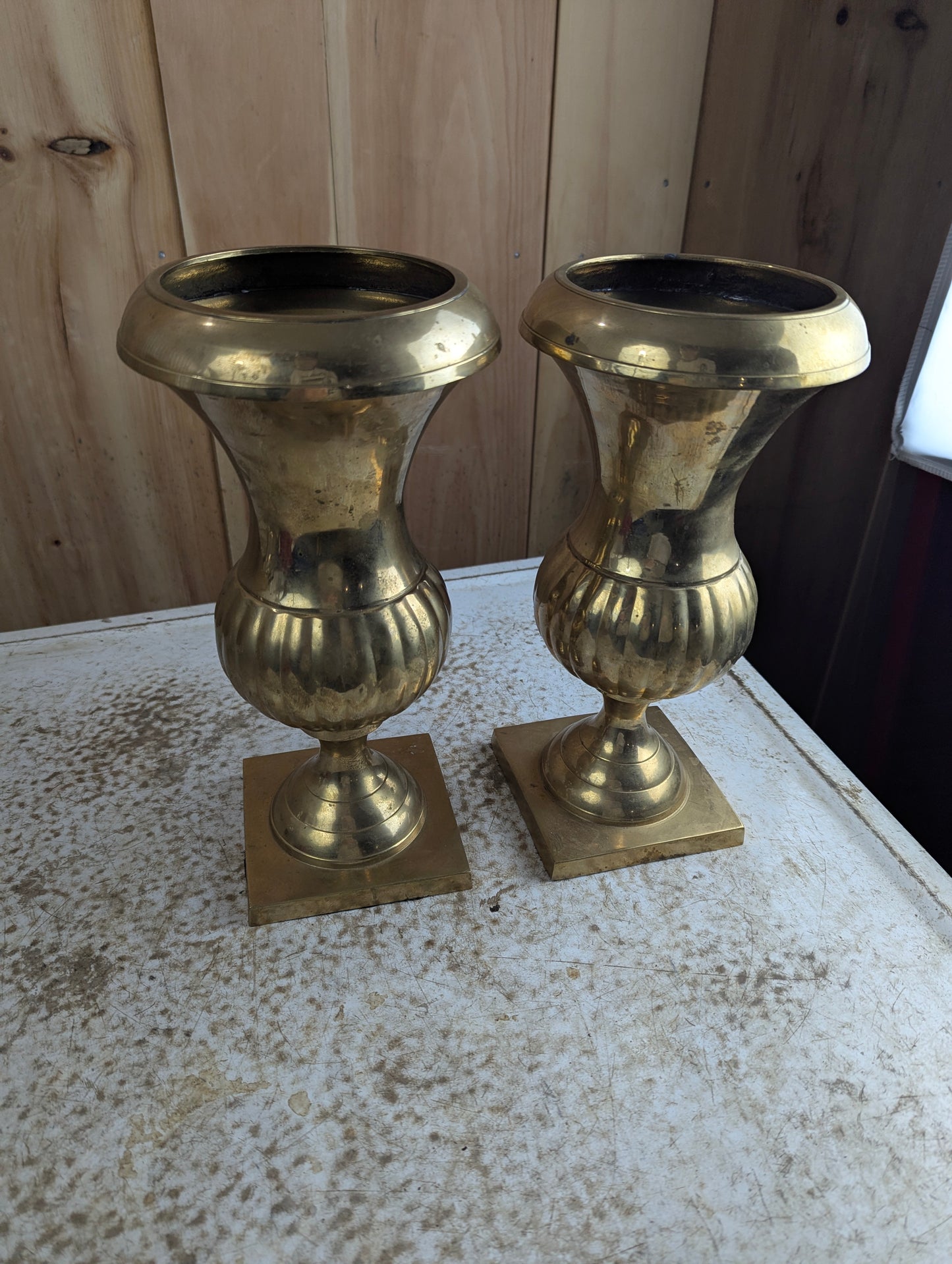 Pair of 12" Tall Brass Pedestal Urns