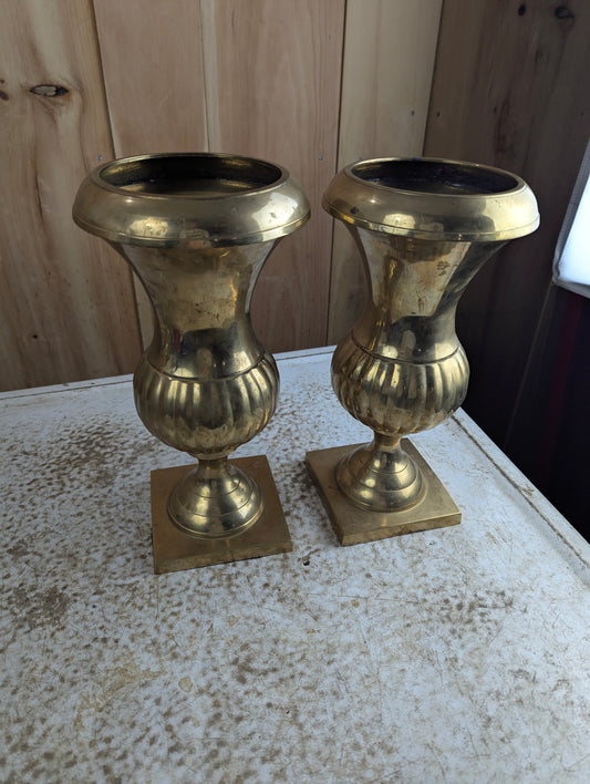 Pair of 12" Tall Brass Pedestal Urns
