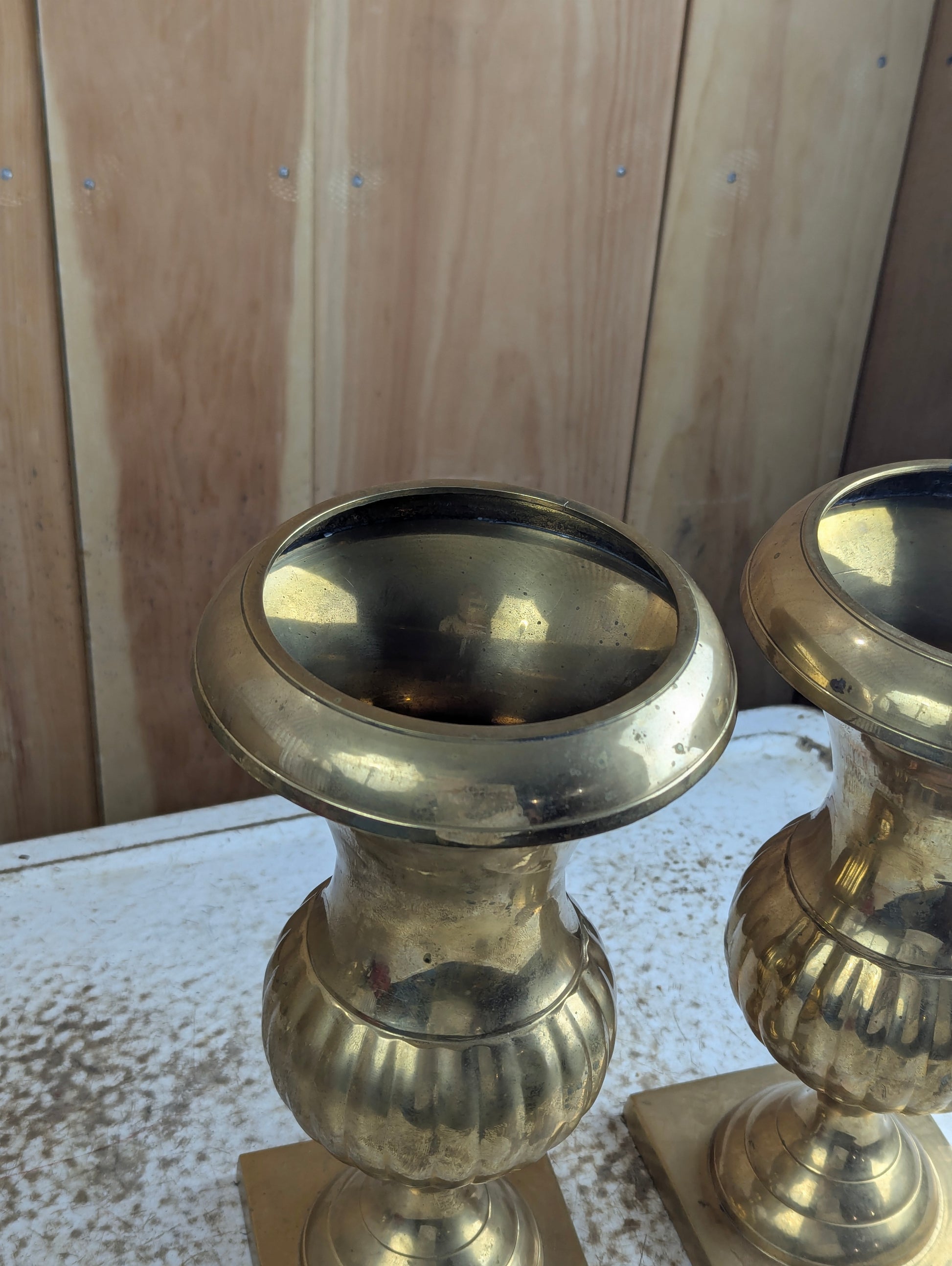 Pair of 12" Tall Brass Pedestal Urns