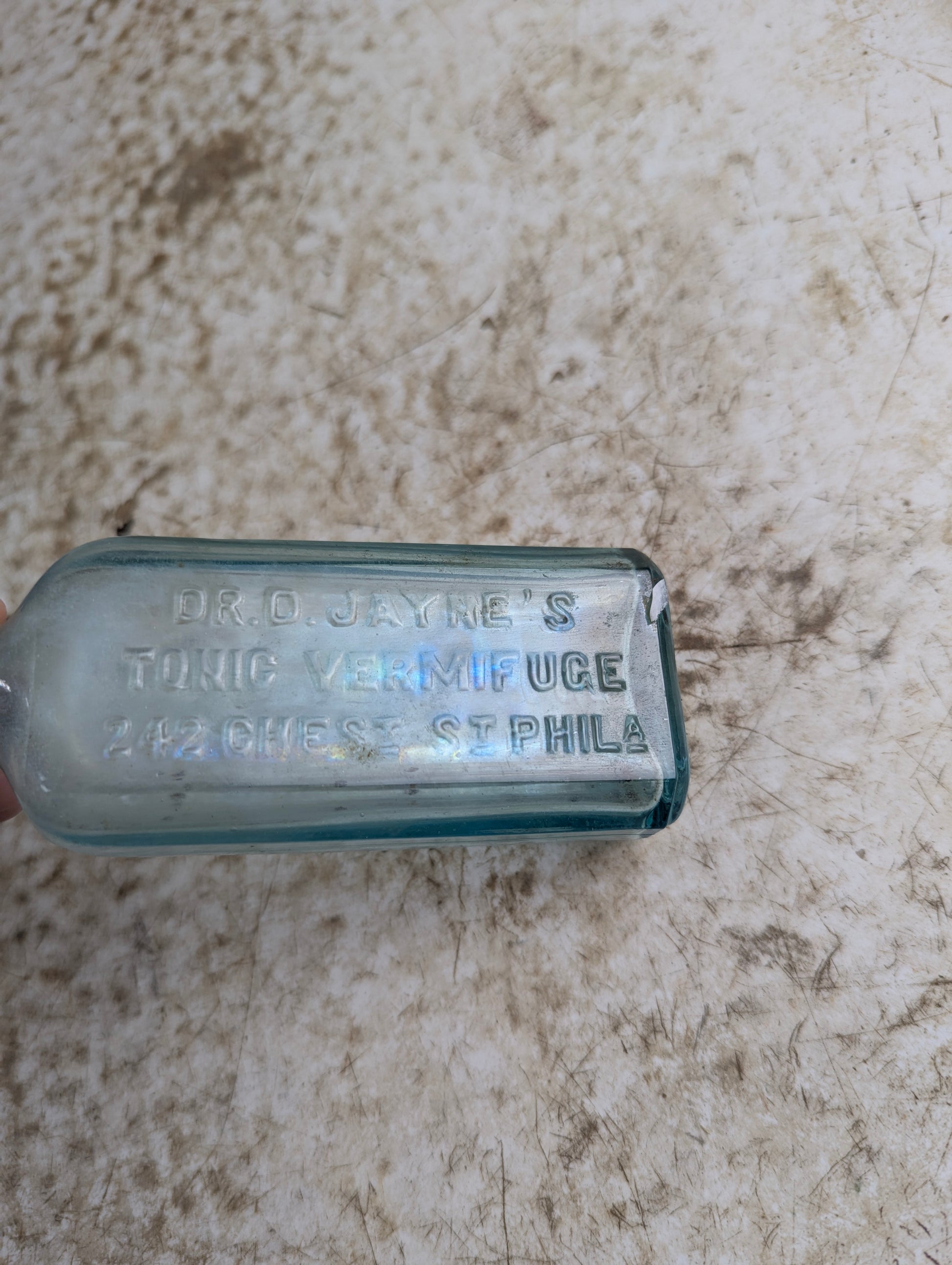 1890s Dr. D. Jayne's Tonic Vermifuge Patent Medicine Aqua Glass Bottle