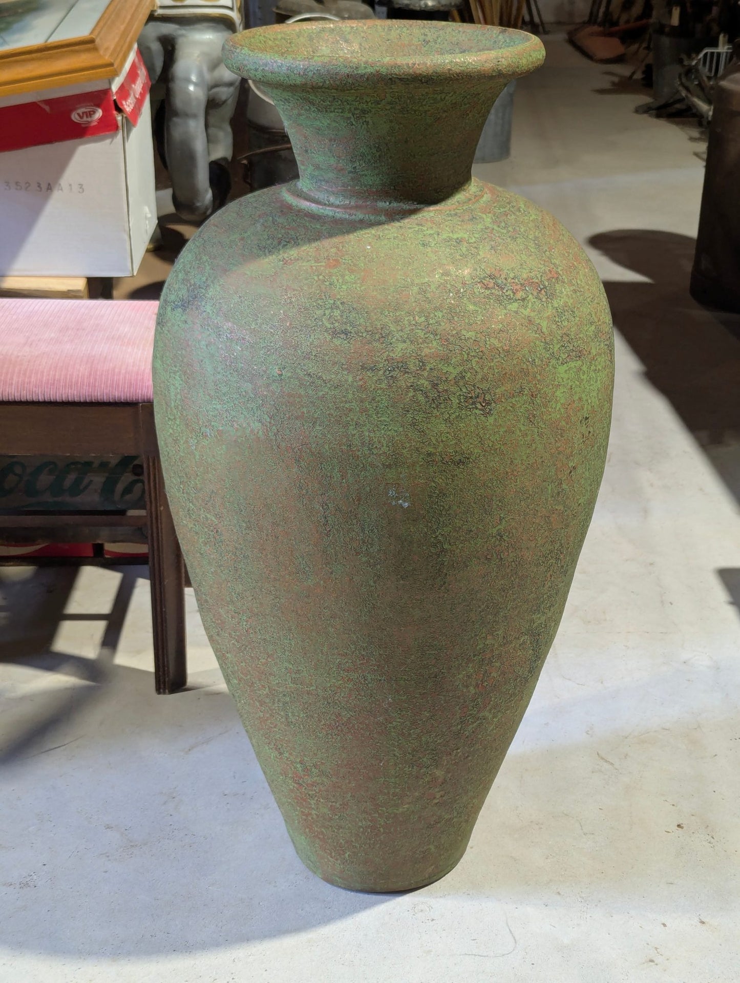 36" Tall Distressed Green Clay Decorative Floor Vase