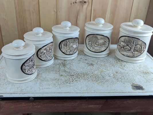 Complete Set of 5 Ceramic Molded Country Homestead Kitchen Canisters