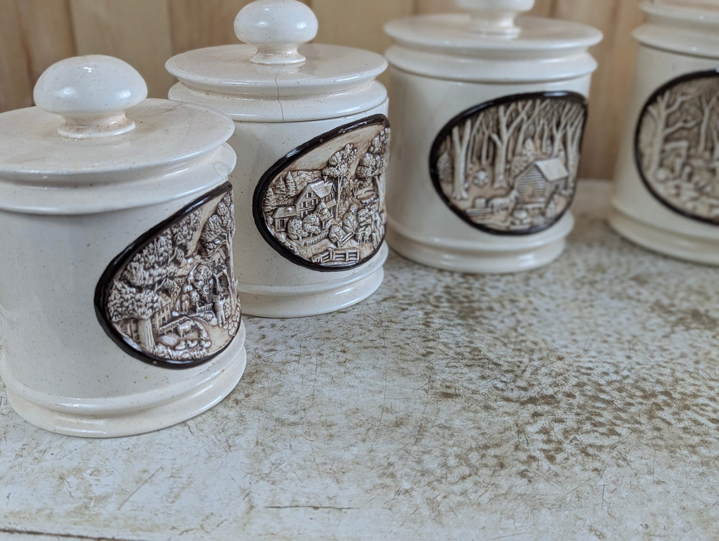 Complete Set of 5 Ceramic Molded Country Homestead Kitchen Canisters