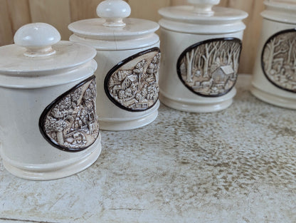 Complete Set of 5 Ceramic Molded Country Homestead Kitchen Canisters