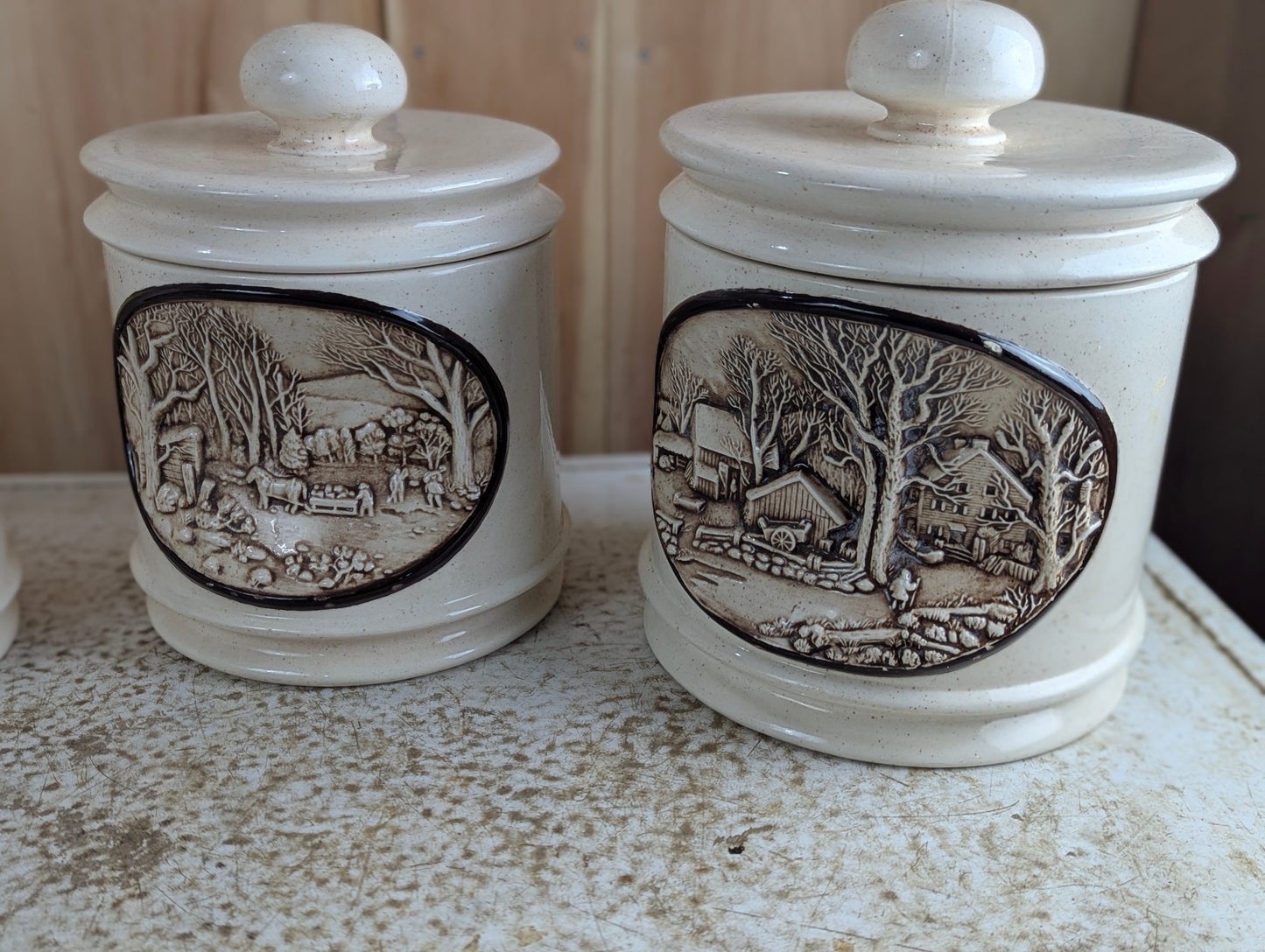 Complete Set of 5 Ceramic Molded Country Homestead Kitchen Canisters