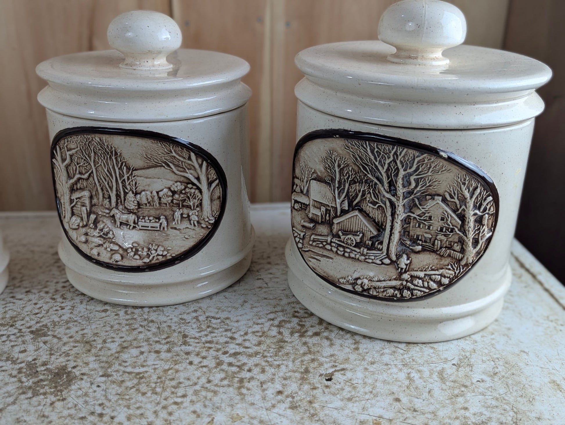 Complete Set of 5 Ceramic Molded Country Homestead Kitchen Canisters
