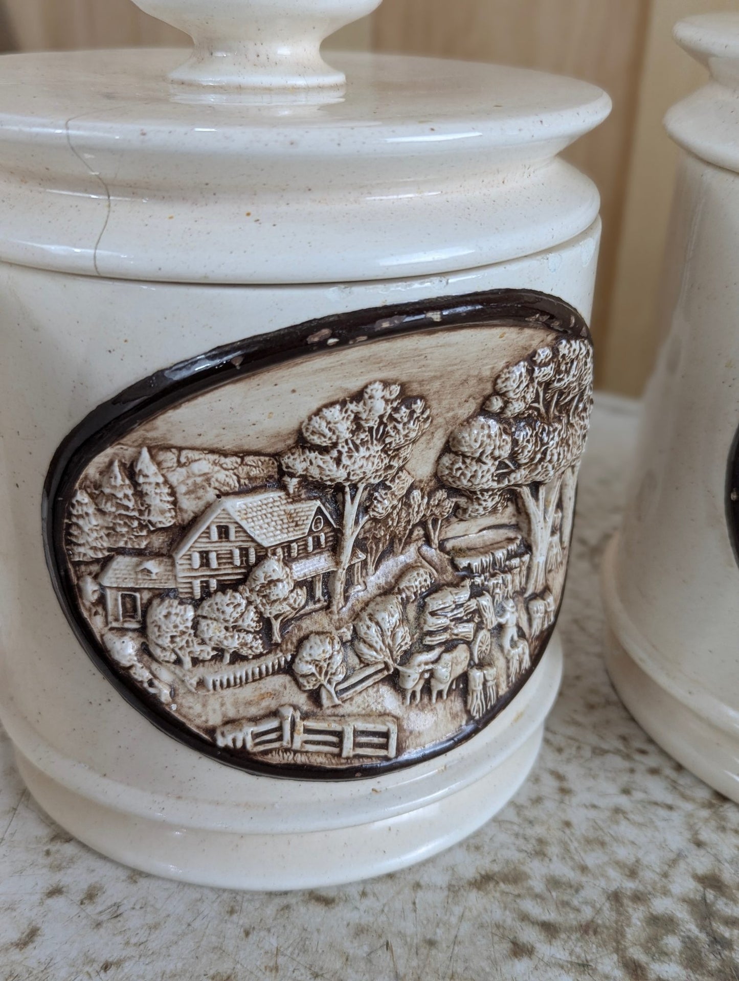 Complete Set of 5 Ceramic Molded Country Homestead Kitchen Canisters