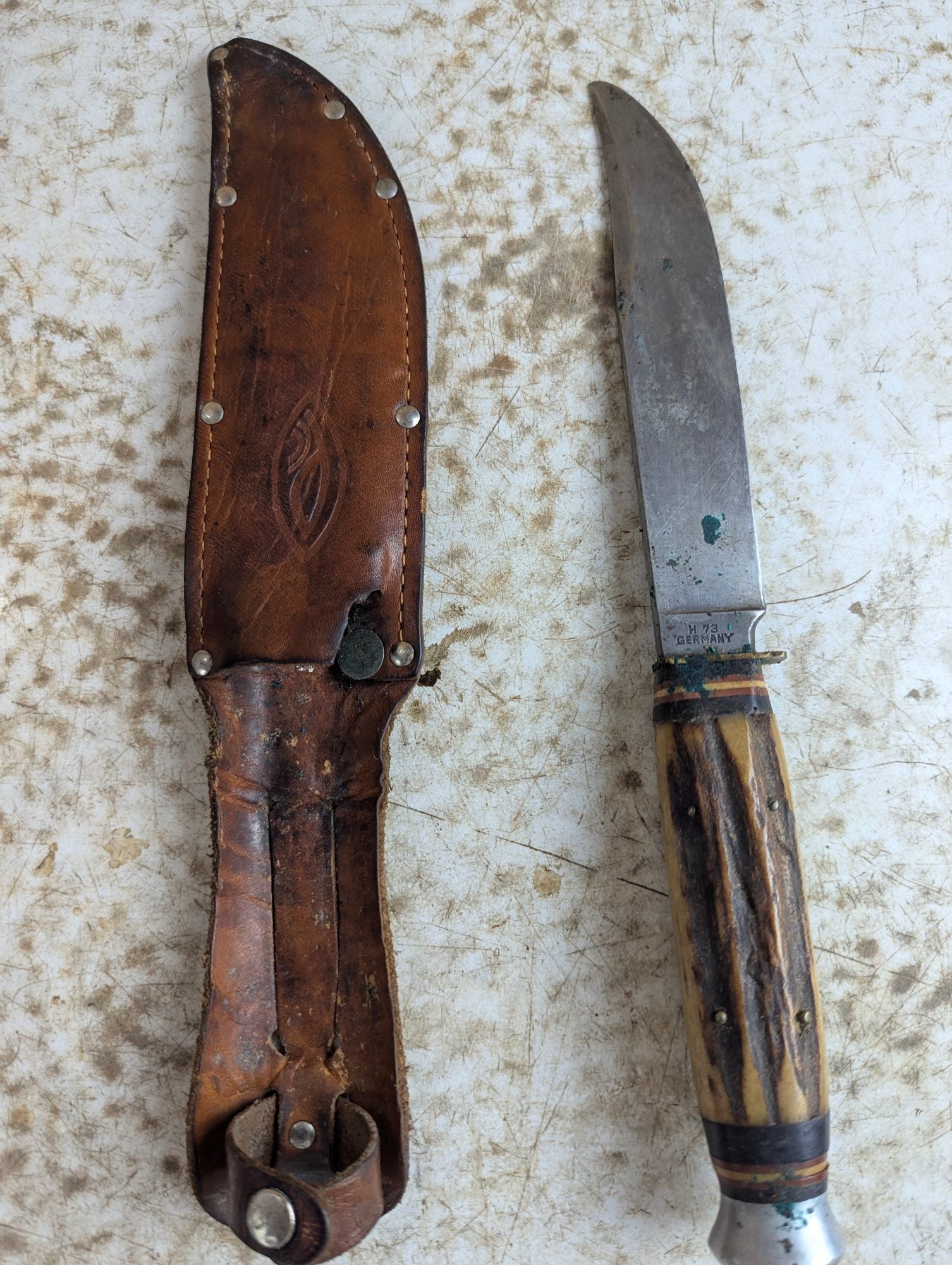 Vintage German Stag Handle Hunting Knife Solingen H73 with Leather Sheath