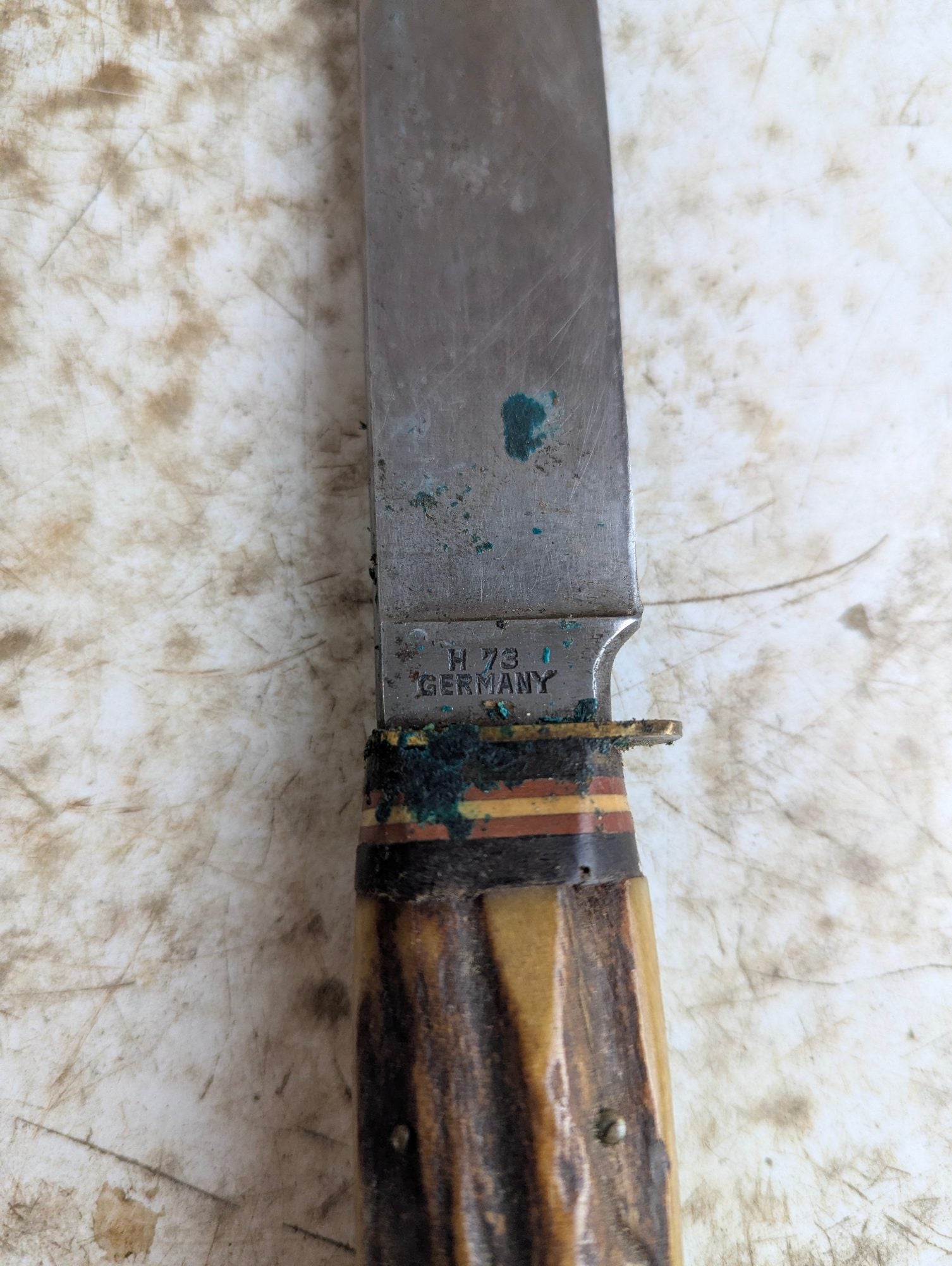 Vintage German Stag Handle Hunting Knife Solingen H73 with Leather Sheath
