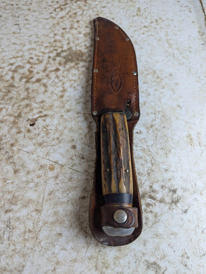 Vintage German Stag Handle Hunting Knife Solingen H73 with Leather Sheath