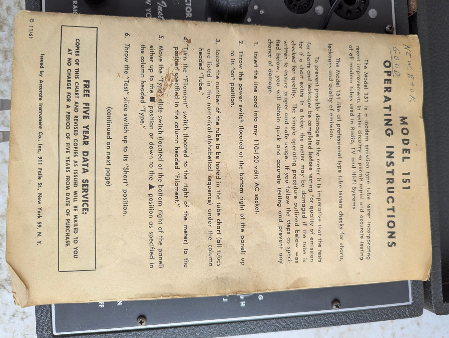 Accurate Instrument Tube Tester Model 151 - Working with Manual