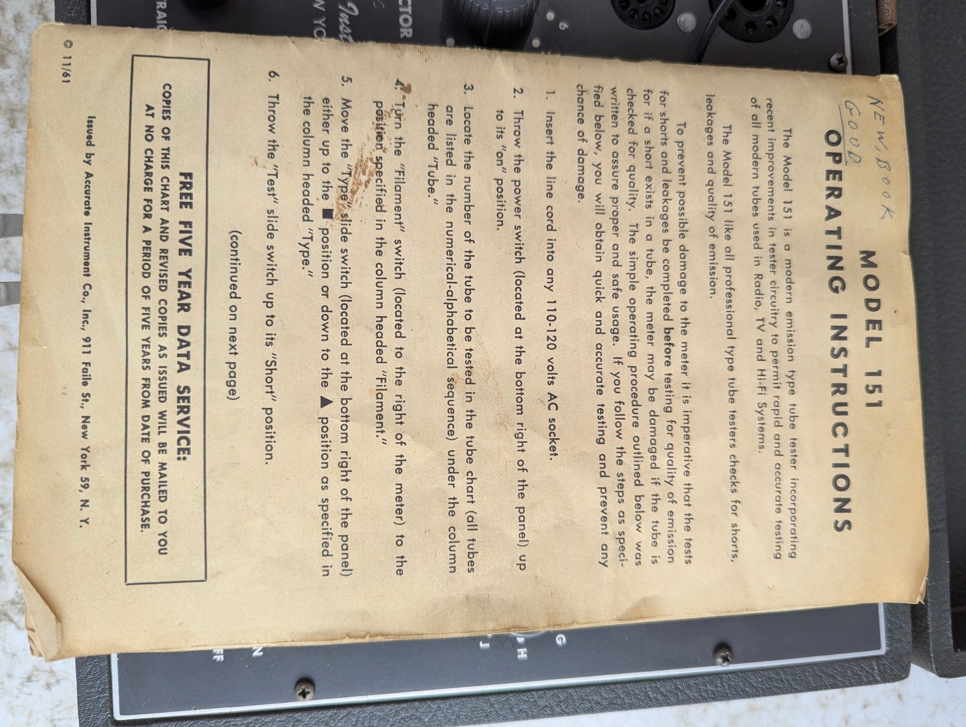 Accurate Instrument Tube Tester Model 151 - Working with Manual