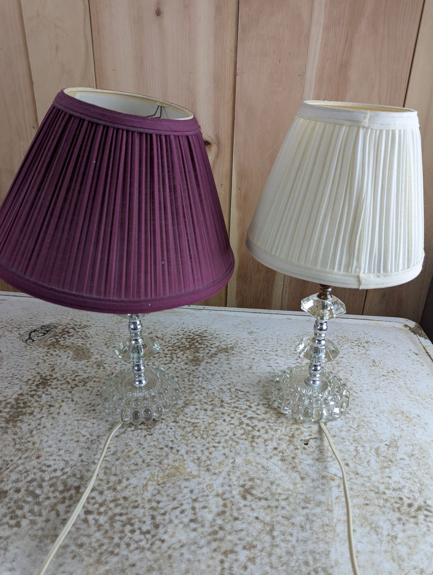 Pair of 14" Tall Vintage Style Table Tamps with Stacked Glass Bases and Pleated Shades