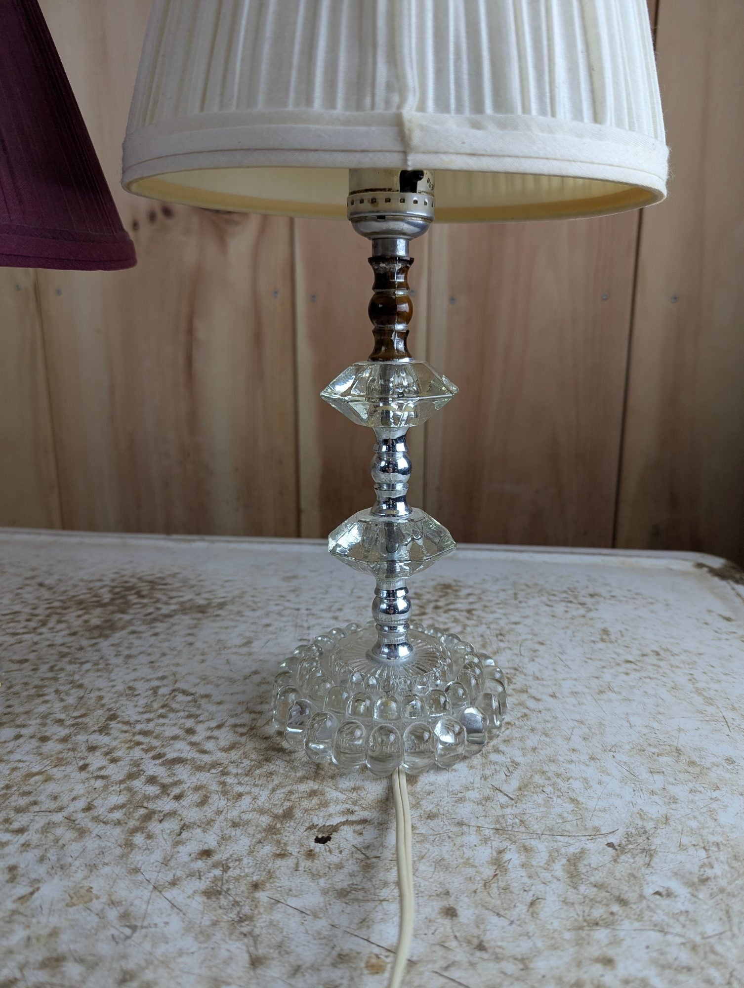 Pair of 14" Tall Vintage Style Table Tamps with Stacked Glass Bases and Pleated Shades