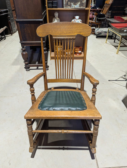 Antique Wooden Rocking Chair with Padded Leather Seat