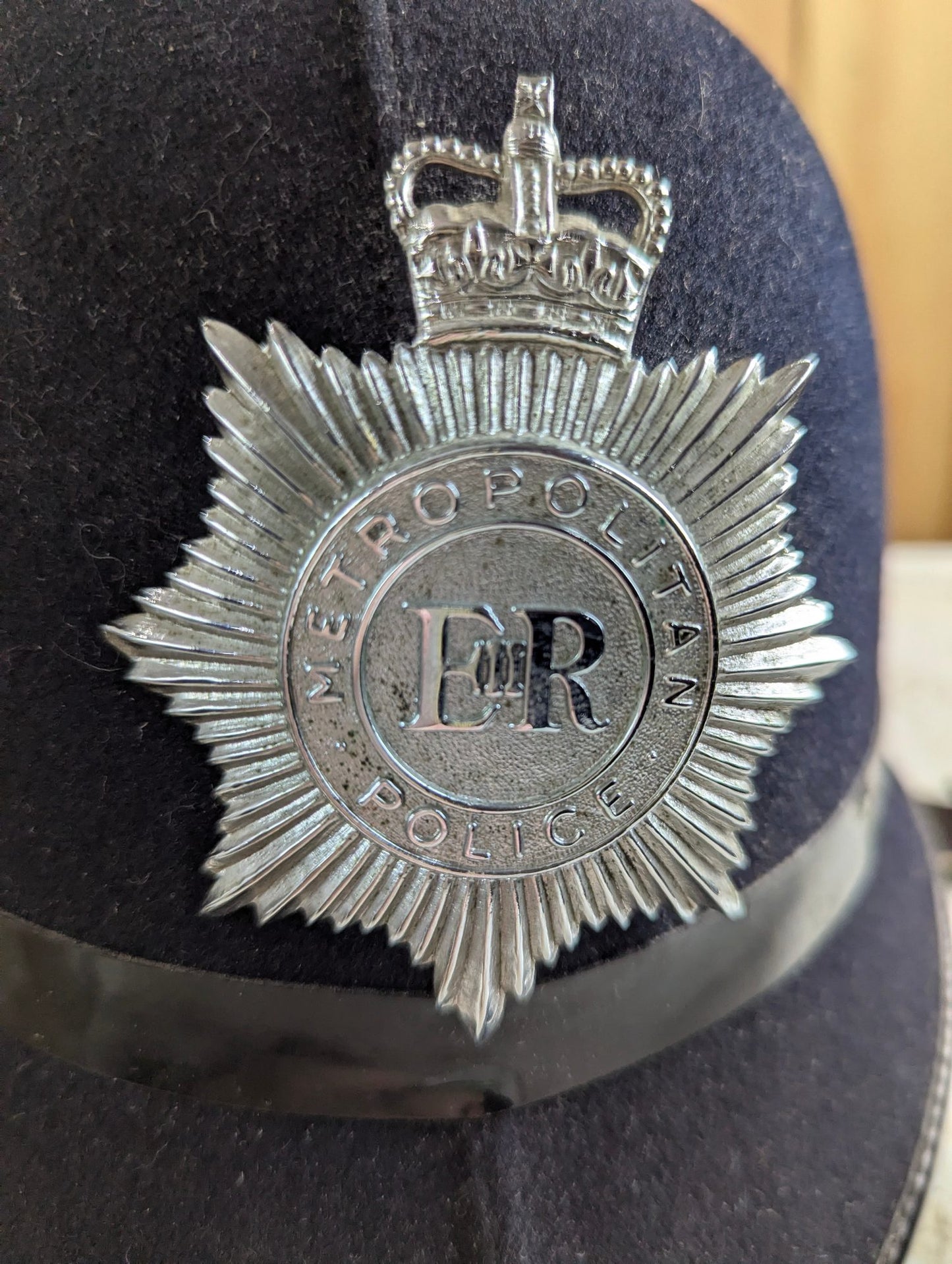 1960s Felt Bobby British Metropolian Police Helmet with ER Plate Badge
