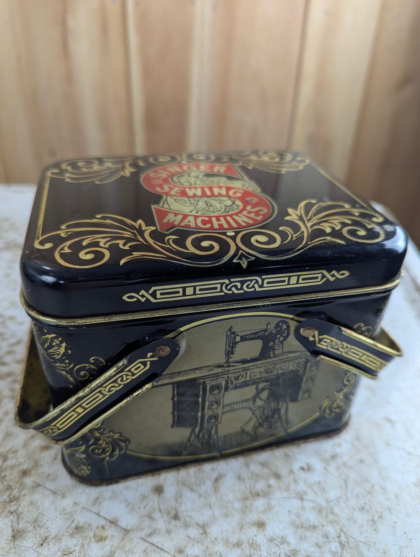 Vintage Black Metal Singer Sewing Machine Storage Tin