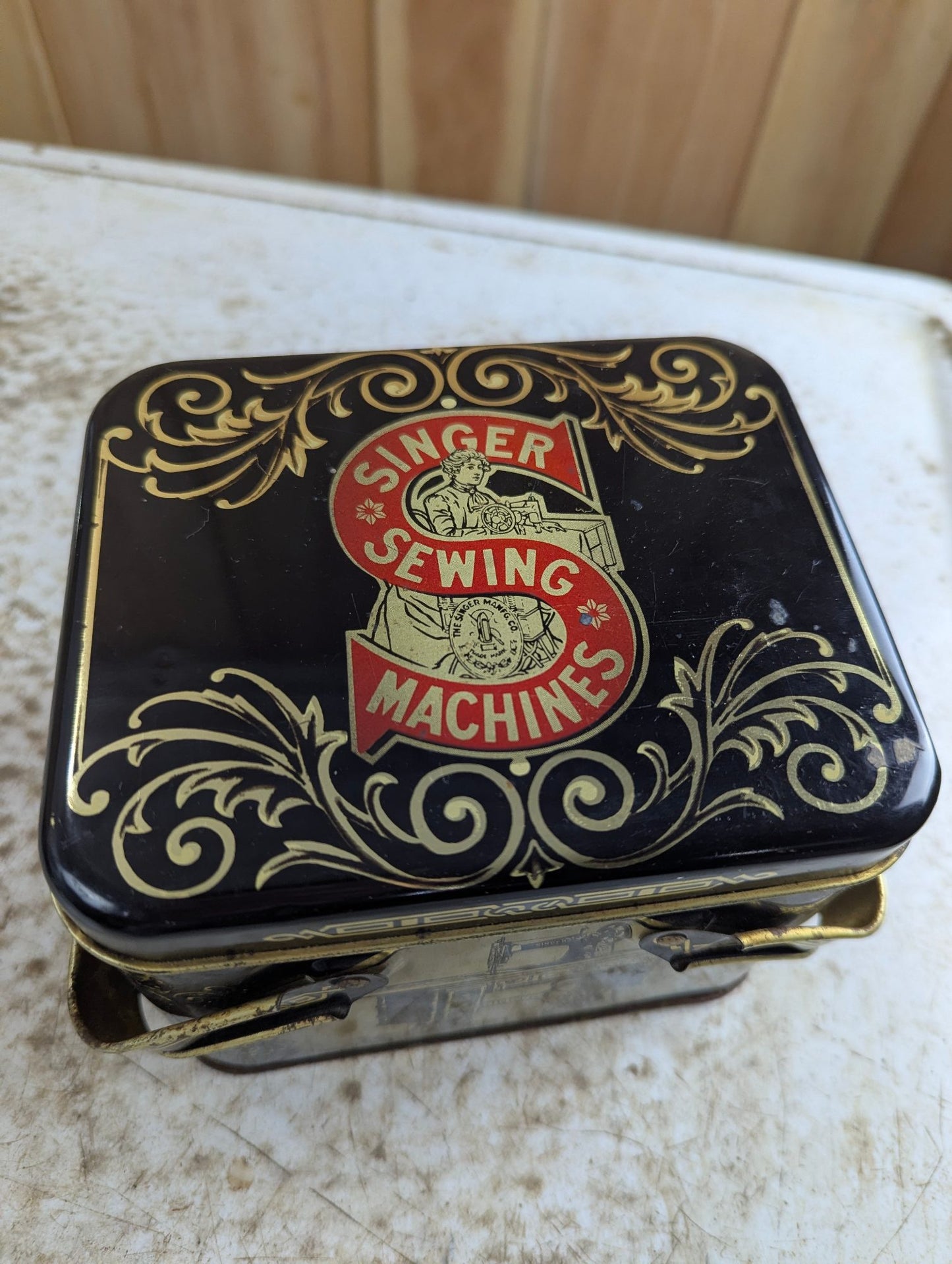 Vintage Black Metal Singer Sewing Machine Storage Tin
