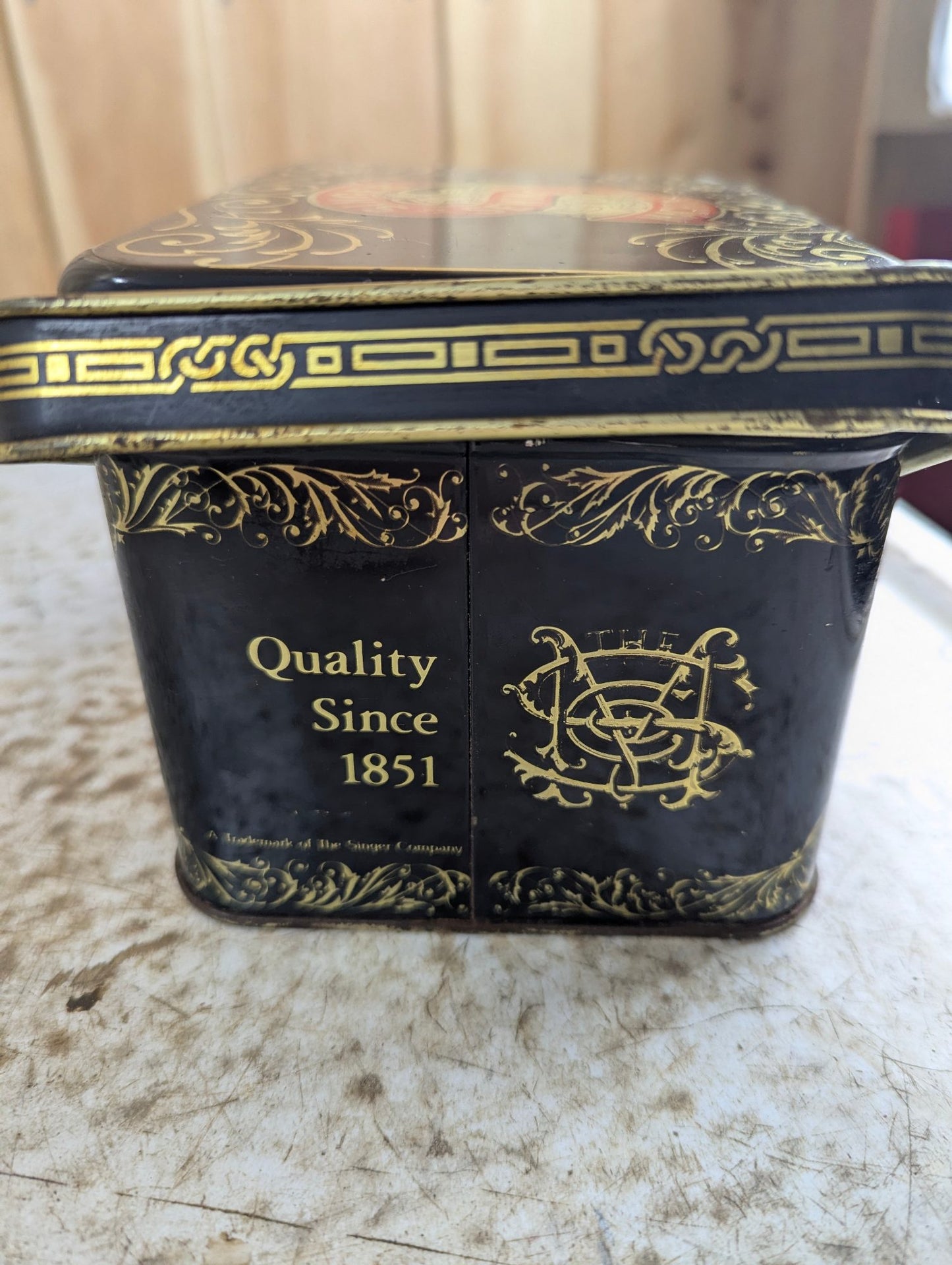 Vintage Black Metal Singer Sewing Machine Storage Tin