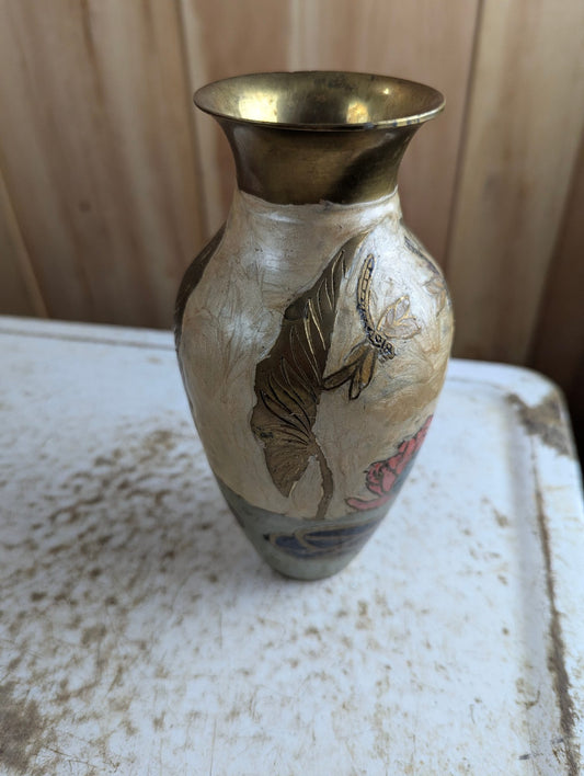 Vintage Indian Brass Enamel Vase with Dragonfly Motif