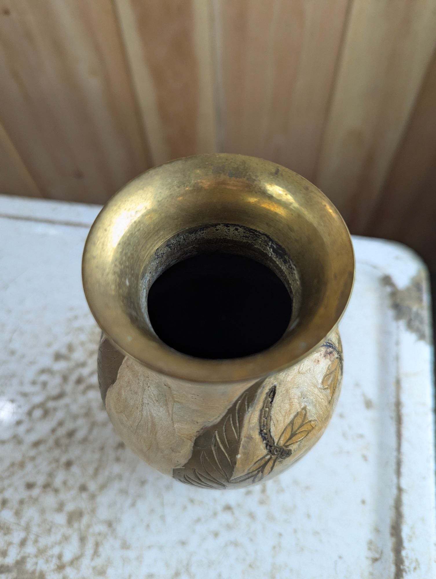 Vintage Indian Brass Enamel Vase with Dragonfly Motif