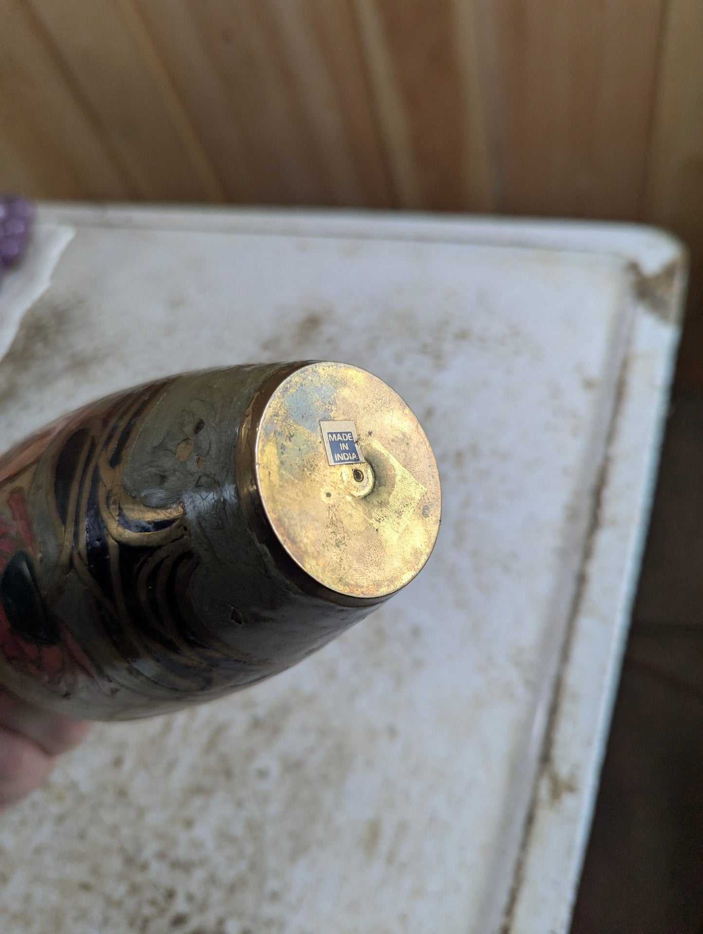 Vintage Indian Brass Enamel Vase with Dragonfly Motif