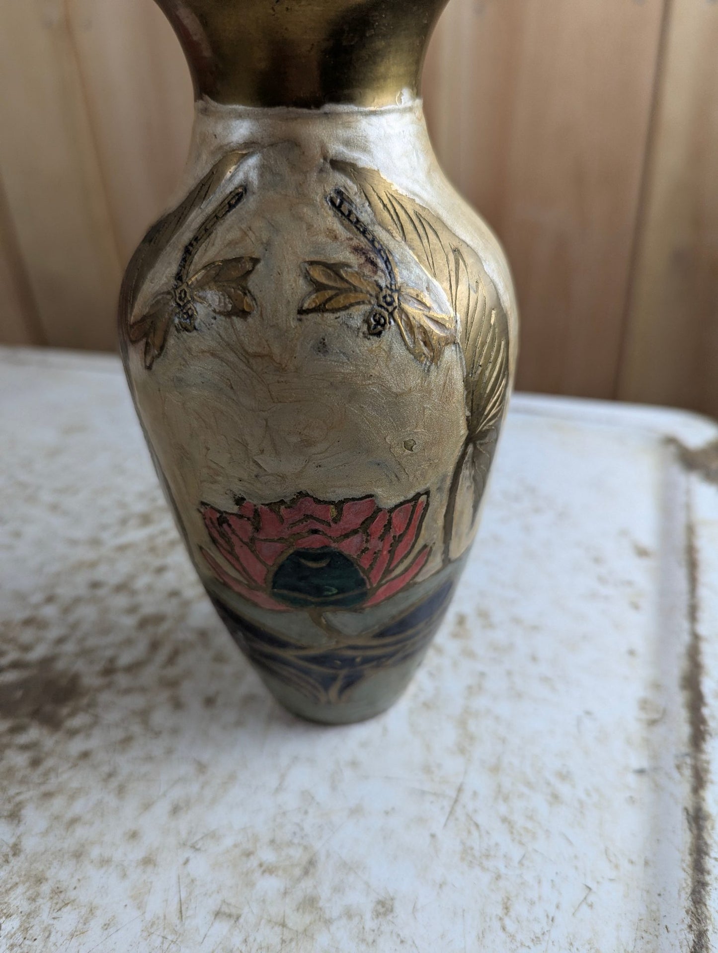 Vintage Indian Brass Enamel Vase with Dragonfly Motif